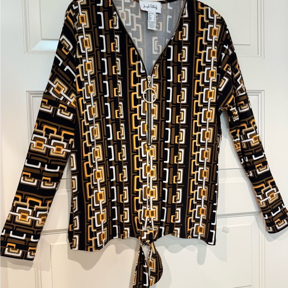 Joseph Ribkoff Black, Gold & White Geometric Zip-Front Tie Hem Top